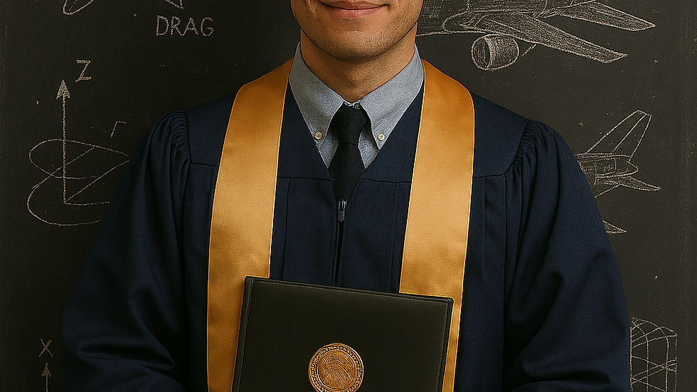 Smiling graduate in blue gown with gold sash holds diploma. Background features chalk aerospace sketches, including airplane and lift/drag diagrams.