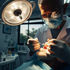 Dentist in mask and gloves examines a patient's mouth under a bright light in a dental clinic, creating a calm, professional atmosphere.