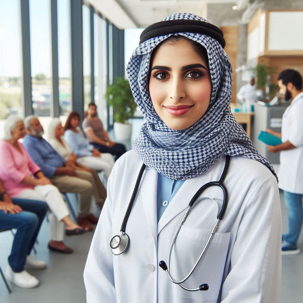 Smiling female doctor in a white coat and patterned headscarf, with a stethoscope, stands in a bright waiting room. Seated patients in the background.