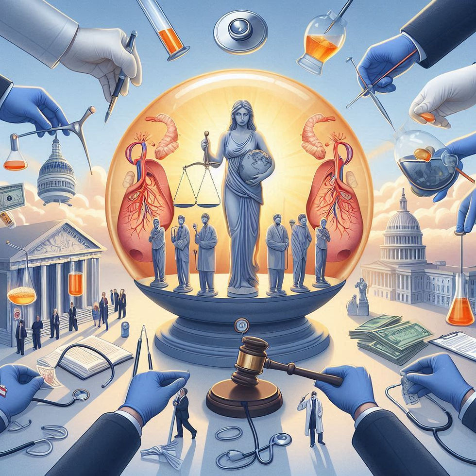 Lady Justice in a globe holds scales and Earth, surrounded by doctors. Medical tools and government buildings in the background; symbolic scene.