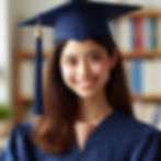 Smiling graduate in a navy cap and gown, standing in front of a blurred bookshelf background. Warm, celebratory mood.