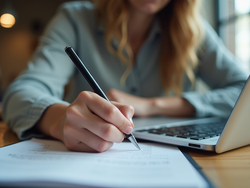 woman working on her laptop and taking notes with a pen