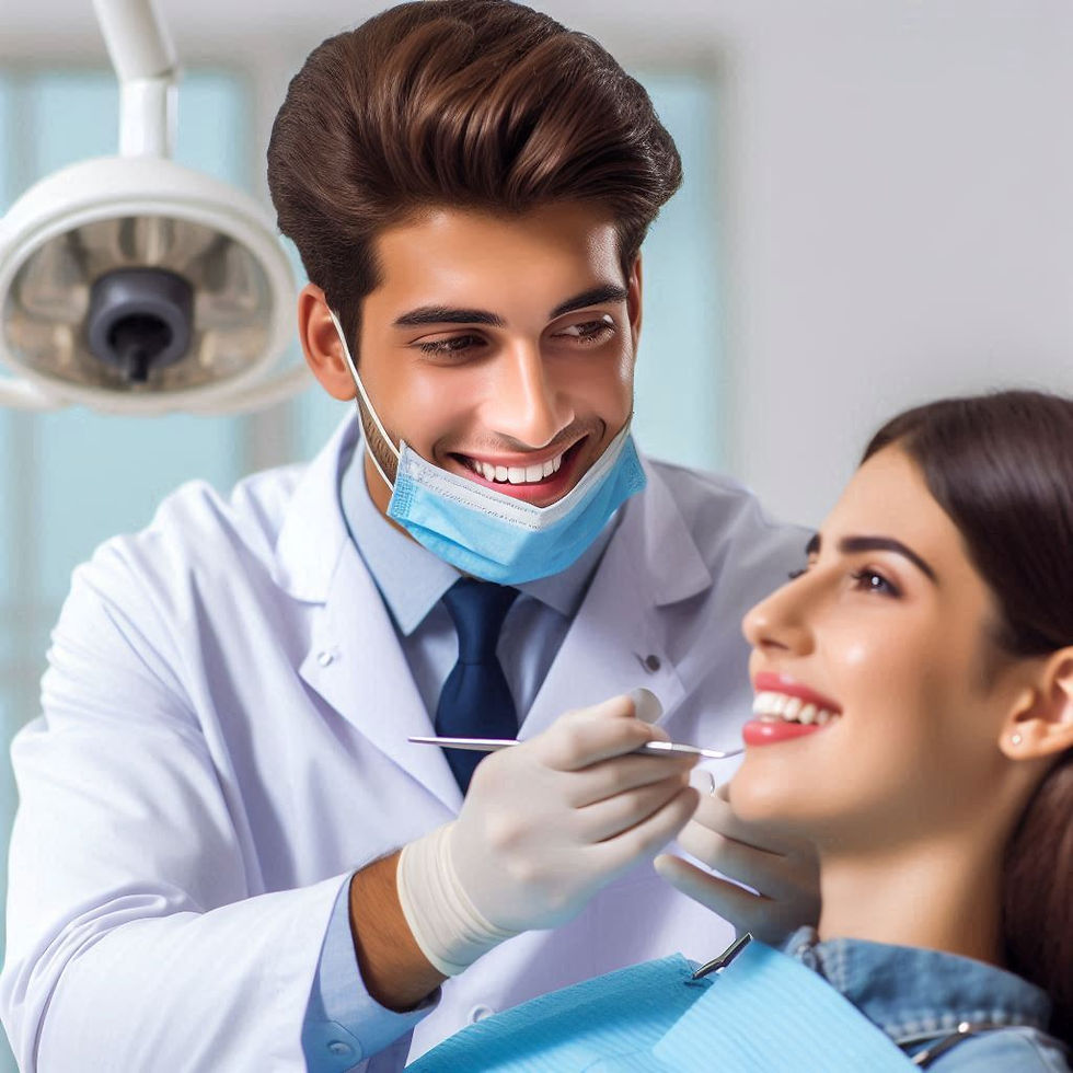 Dentist with mask examines smiling patient in a bright clinic. Dental light visible. Friendly atmosphere, blue and white tones.