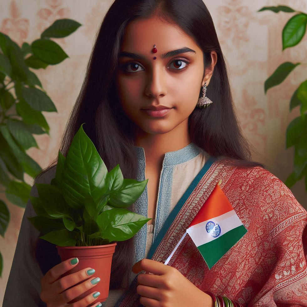 Young woman in traditional attire holds a plant and an Indian flag, surrounded by green leaves. Calm expression, earthy tones.