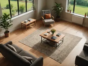 Sunny living room with gray sofa, chair, wooden tables, plants, and a patterned rug. Large windows show a green garden outside.