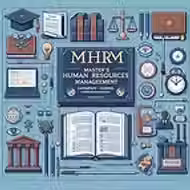 Illustration of MHRM concepts with books, scales, laptop, and clock, set against a blue background. Text: "Master's Human Resources Management."