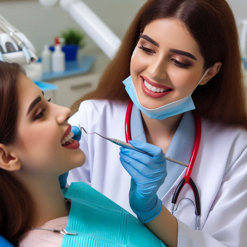 Dentist in blue gloves and mask smiles while examining a patient's teeth with a dental tool. The clinic setting includes medical equipment.