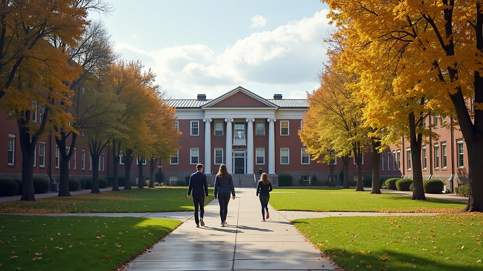 Eye-level view of a university campus building with students walking