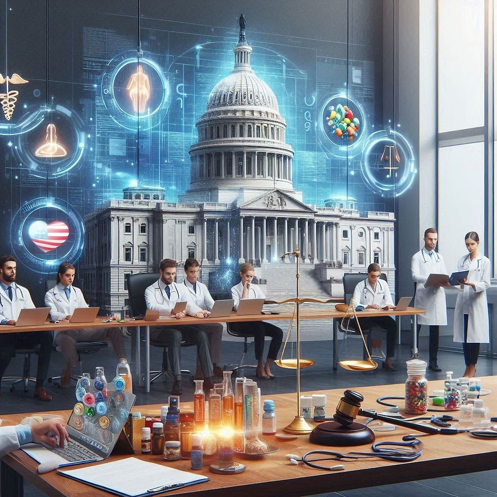 Doctors in a high-tech conference room with a digital Capitol building backdrop. Lab equipment, scales, and tablets are on tables. Mood is professional.