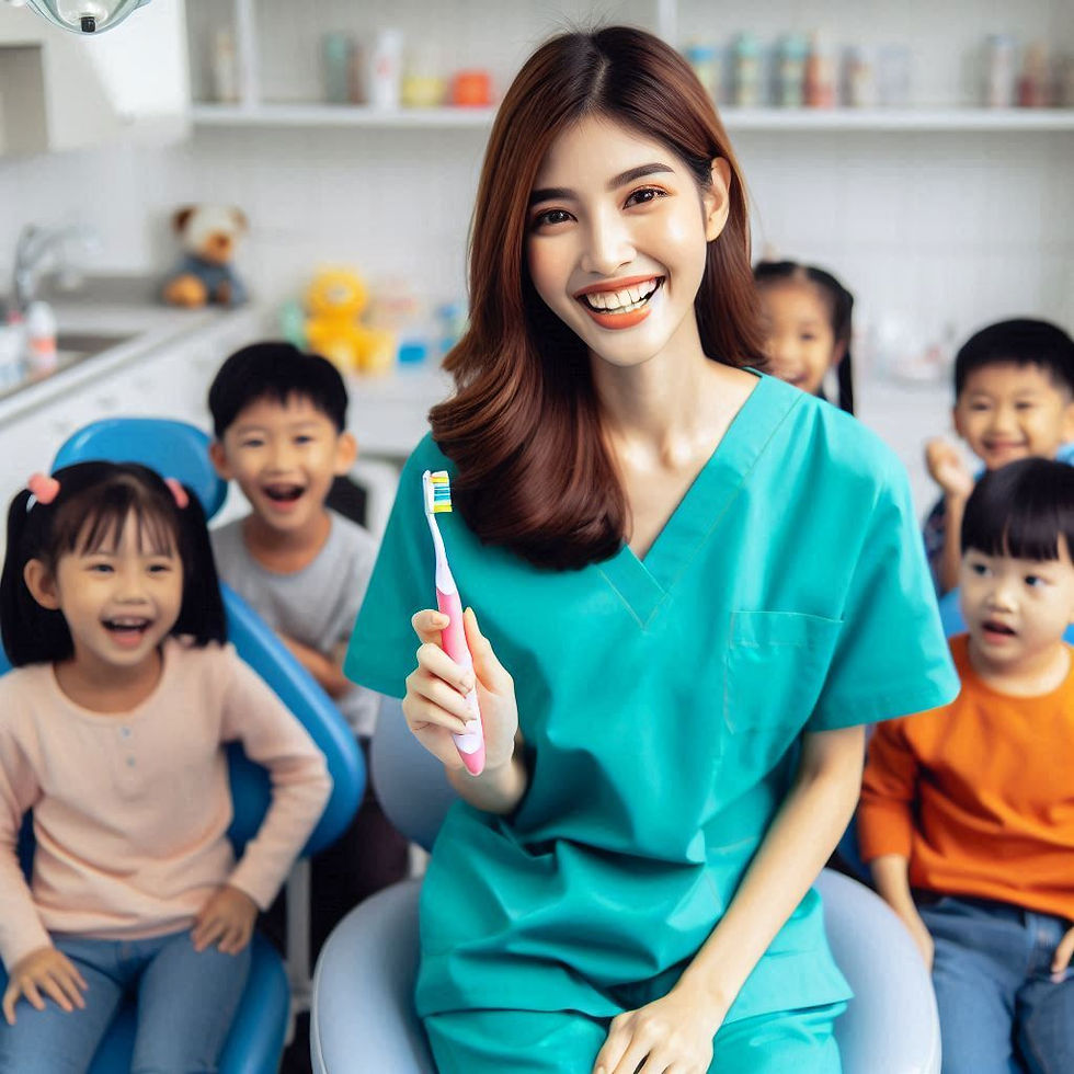Dentist in teal scrubs smiling with a toothbrush, surrounded by five happy children in a dental office. Bright, cheerful atmosphere.