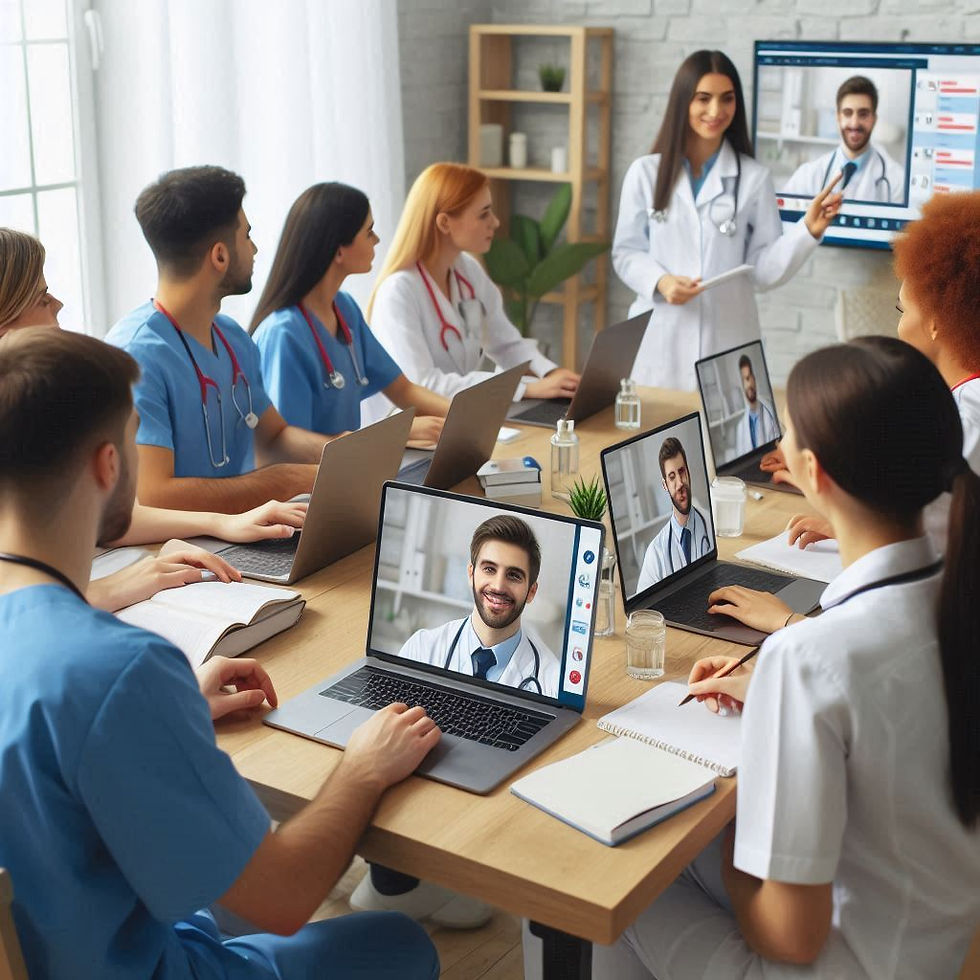 Medical team in scrubs sit at a conference table with laptops, engaging in a video meeting. A doctor stands, presenting. Bright, professional setting.