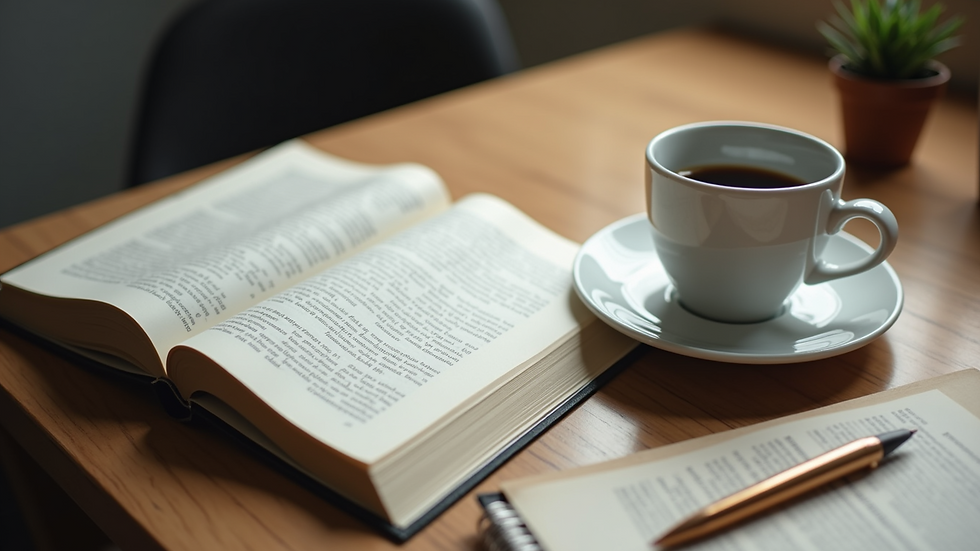 High angle view of a desk with a cup of coffee, open book, and a personal statement draft