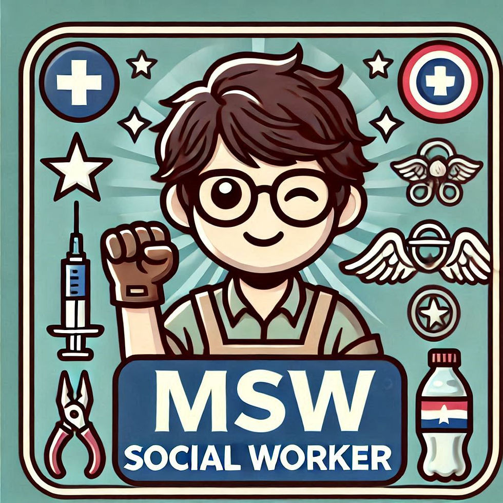 Cartoon character winking with raised fist surrounded by symbols like a syringe, wings, stars. Text reads "MSW Social Worker" on a teal background.