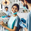 Dentist's office scene: A woman in a dental chair smiles at a masked dentist holding tools. Bright, clean setting with dental lights above.