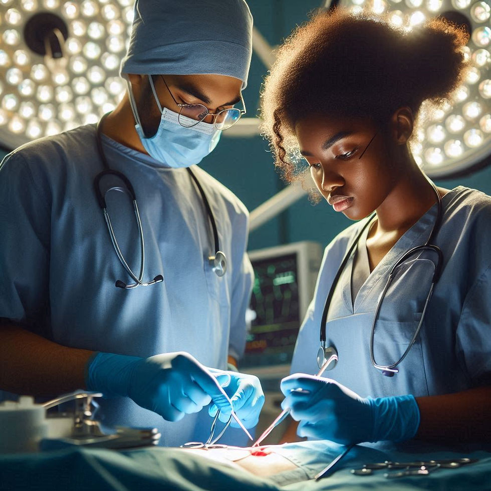 Two surgeons in blue scrubs and gloves focus intently during surgery under bright lights. Their expressions are serious and concentrated.