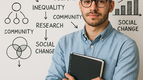 a student of sociology stans in front of a diagram about society