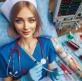 Smiling nurse in blue scrubs holds a syringe. Hospital bed, medical equipment, and heart monitor in the background. Calm setting.