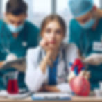 A doctor sits thoughtfully, surrounded by two nurses in scrubs with masks, beside a heart model and red liquid. Medical setting, intense mood.