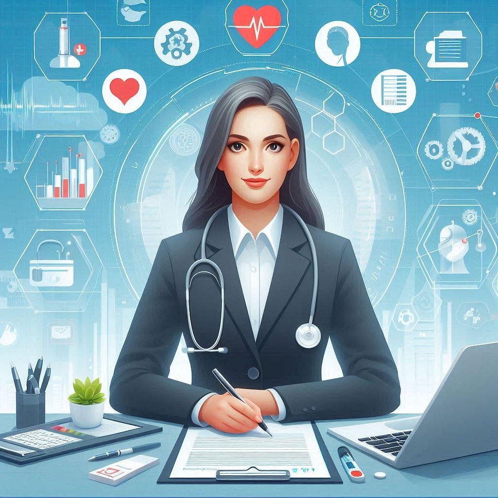 A professional woman with a stethoscope, writing at a desk with a laptop. Blue background with medical icons, suggesting a healthcare setting.