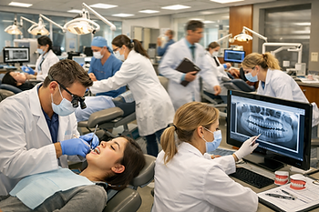 Dentists and students in white coats work in a clinic. One examines a patient’s teeth; another points at a dental X-ray on a screen.