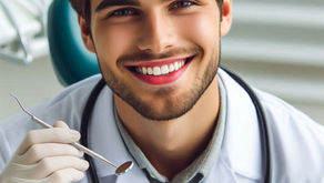 Smiling dentist in white coat holds dental tools, seated in a bright clinic with dental chair and overhead light visible in the background.
