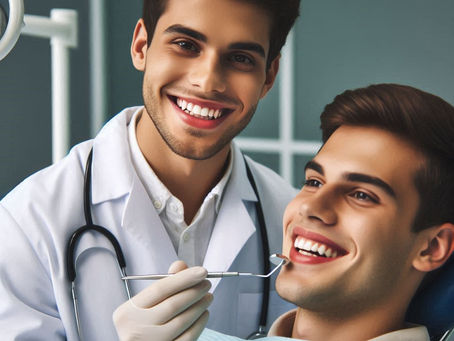 Smiling dentist in a white coat and gloves holds dental tool while patient reclines in chair, both smiling, in a clinic setting.