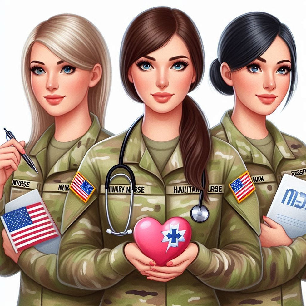 Three nurses in camo uniforms, holding a heart with a blue cross, US flags. One writes; another has a stethoscope. Positive mood.