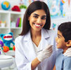 Dentist smiling while examining a young boy's teeth in a colorful clinic. Toys in the background create a friendly, inviting atmosphere.