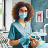 Dentist in blue scrubs and mask examines a smiling patient with dental tools. Dental posters and equipment in background. Clean, professional setting.