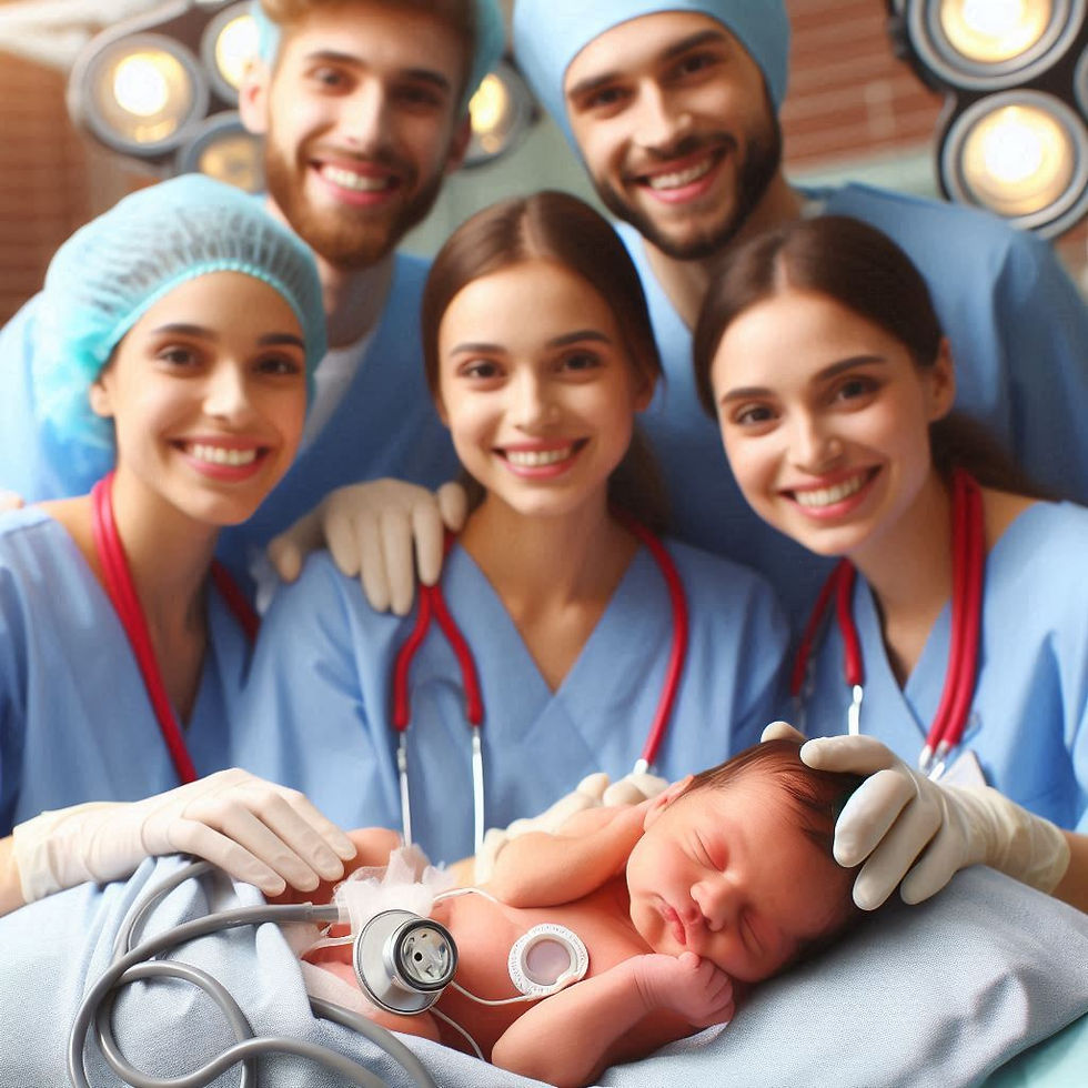 Smiling medical team in blue scrubs and red stethoscopes gather around a newborn baby on a hospital bed. Warm and joyful atmosphere.