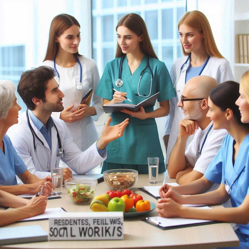 Medical team in discussion around a table with fruits and documents. Hospital setting, diverse uniforms, and a collaborative mood. Visible sign text.