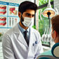 Dentist in white coat and mask talks to patient in dental chair. Background shows dental posters and tools. Bright, professional setting.