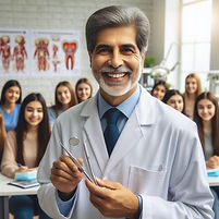 Smiling doctor holds dental tools in a classroom with anatomy posters. Students sit attentively in the background, creating an academic mood.