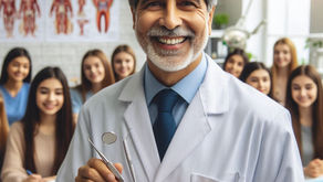 Smiling doctor holds dental tools in a classroom with anatomy posters. Students sit attentively in the background, creating an academic mood.