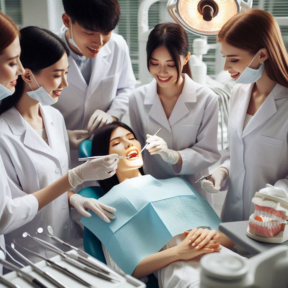 Dentists in white lab coats attend to a patient in a dental chair. Tools are visible. The setting is a well-lit dental clinic.