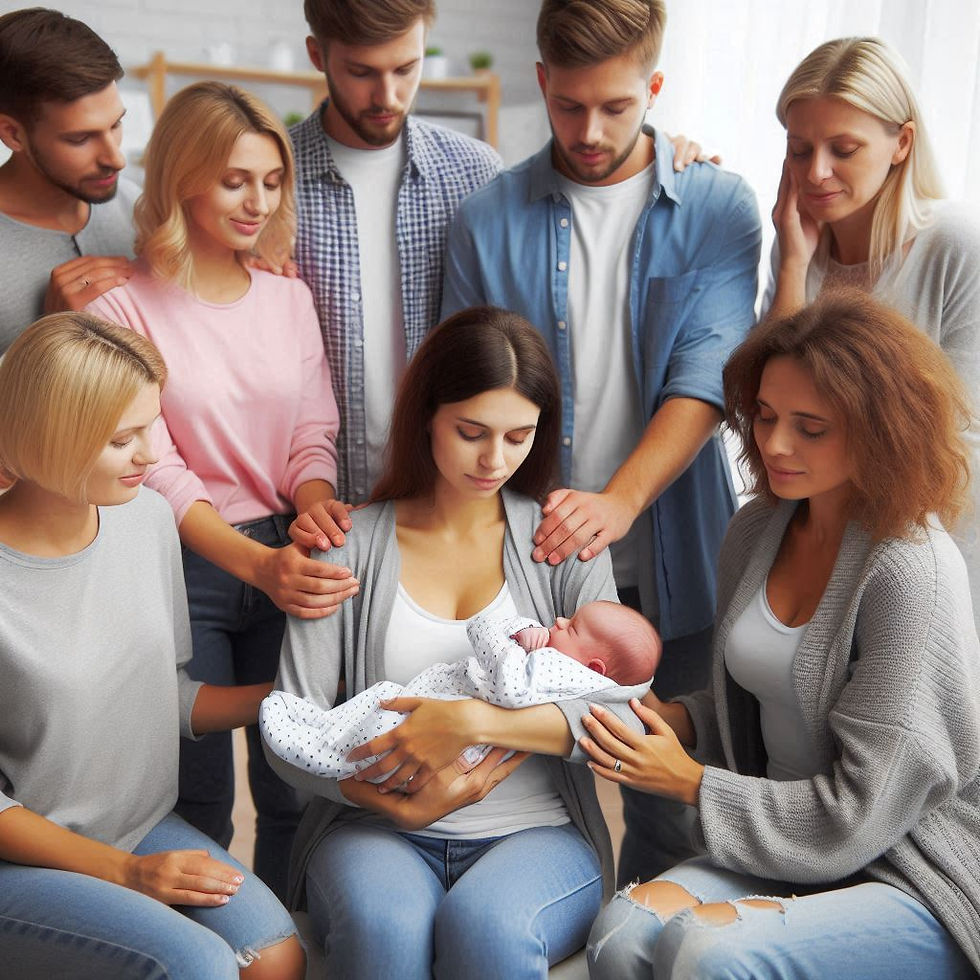 A group of seven people surrounds a seated woman holding a baby, touching her supportively. The scene is warm with soft lighting and casual attire.