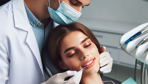 Dentist in white coat and mask examines smiling woman in a dental chair. Tools and a light in a clean, bright clinic setting.