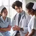 Doctor and two nurses in uniforms discussing in a bright room. They appear engaged and focused, with stethoscopes around their necks.