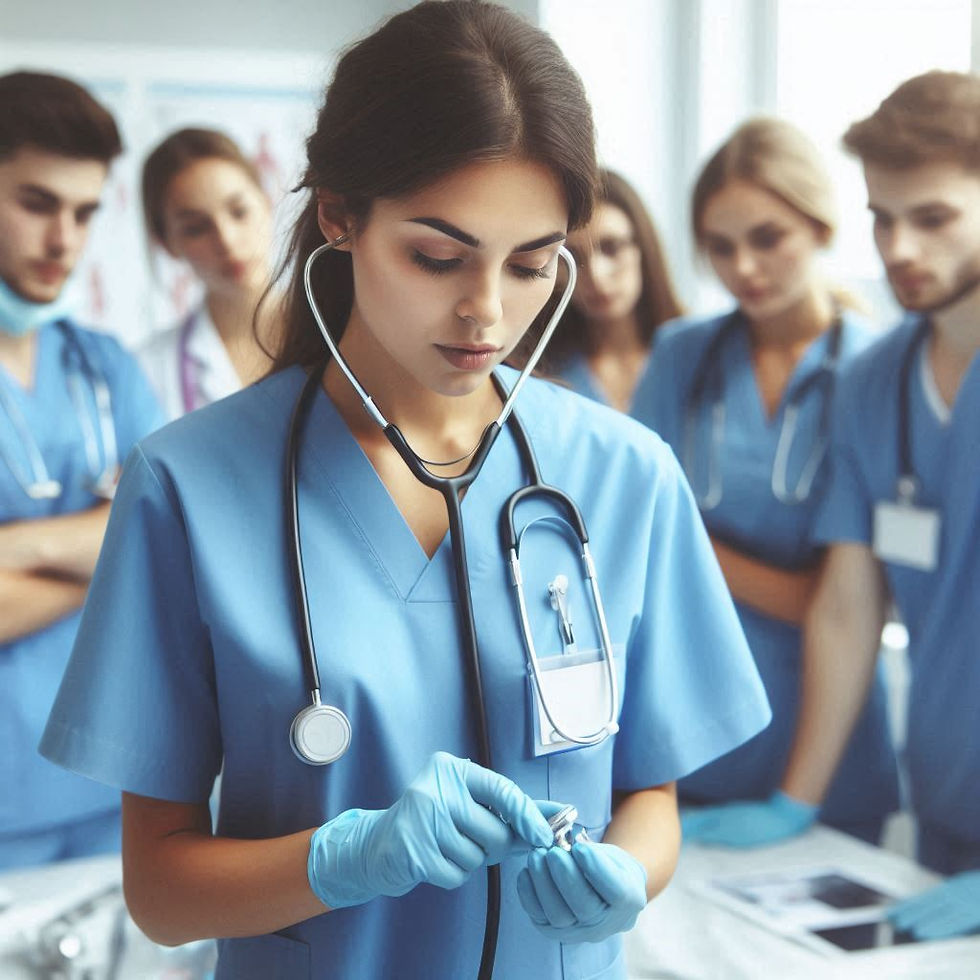 A focused nurse in blue scrubs uses a stethoscope in a hospital setting, with a group of healthcare professionals in the background.