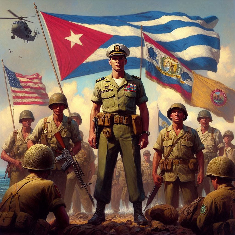 Soldiers in uniform stand with flags in the background. A helicopter flies overhead. The scene conveys a strong, patriotic mood.