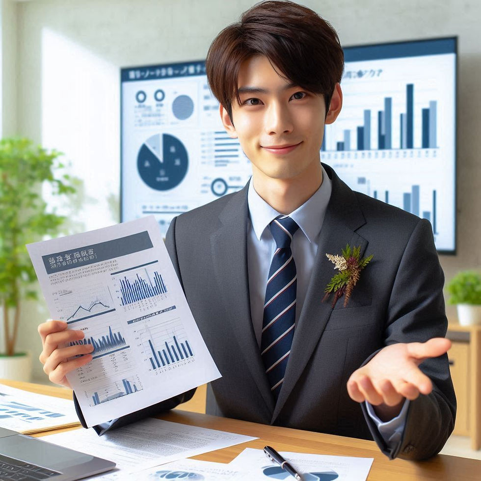 Smiling man in suit holding reports with charts, gesturing in office setting. Background screens show data graphs. Business mood.