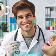 Dentist smiling while holding a dental mirror, patient reclined with open mouth. Bright clinic with colorful folders in the background.