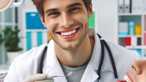 Dentist smiling while holding a dental mirror, patient reclined with open mouth. Bright clinic with colorful folders in the background.