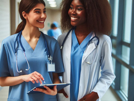 Two smiling healthcare professionals in blue scrubs stand in a hospital hallway with a clipboard and stethoscopes, exuding positivity.