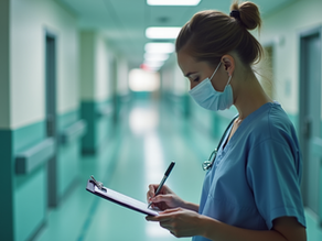 nurse taking notes on a clipboard in the hallway