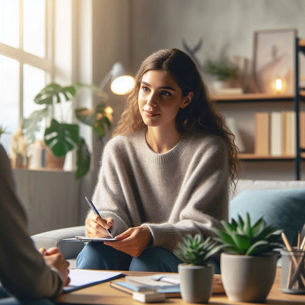 Woman in a cozy room writes in a notebook, surrounded by plants. Warm light filters in through a window, creating a calm atmosphere.