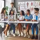 Doctors in white coats and scrubs sit and stand around a table in a bright room with medical posters. They seem engaged and collaborative.