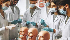 Six students in lab coats and masks practice dental procedures on mannequin heads in a classroom, with dental charts in the background.