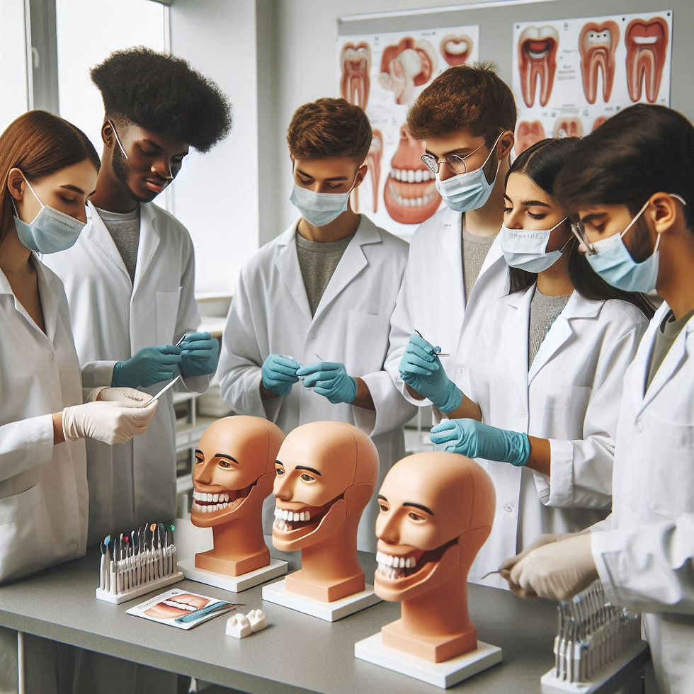 Six students in lab coats and masks practice dental procedures on mannequin heads in a classroom, with dental charts in the background.