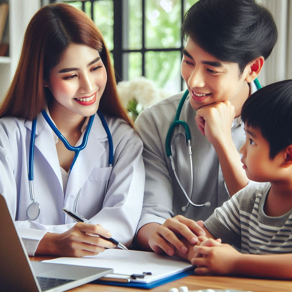 Doctor and parents smiling at a young boy in a clinic. They discuss notes at a desk with a laptop. Bright room with a cheerful mood.